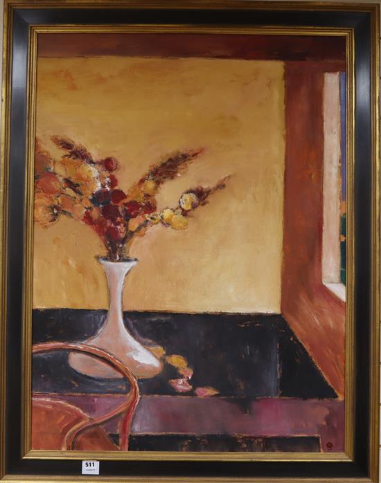 H.E. Kuckein (Canadian, 1930-), oil on canvas, Still life of dried flowers, signed, Hollander York Gallery label verso, 100 x 75cm